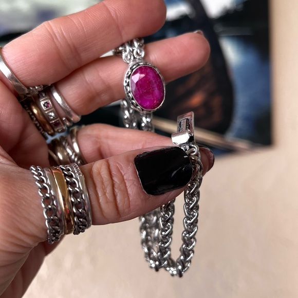 Genuine pink indian ruby gemstone stainless steel double chain boho bracelet - Picture 7 of 15